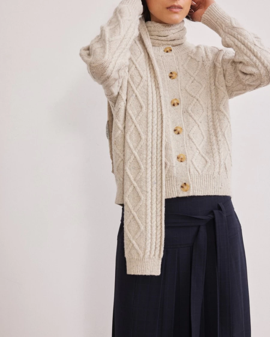 Rue Blanche Women's Aran Scarf - Natural Wool Knit Winter Accessory