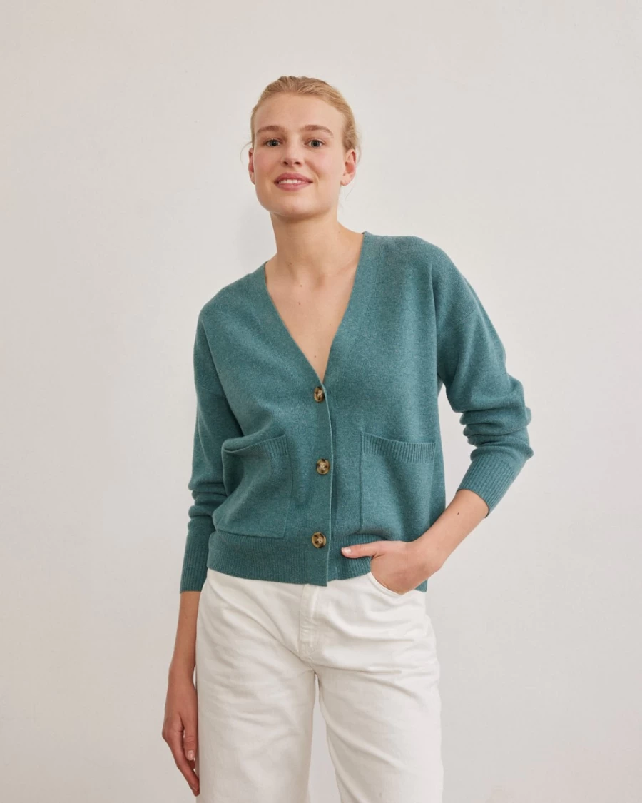 Rue Blanche Women's Shirley Cardi V-Neck Knit Sweater in Aqua - 23A Collection