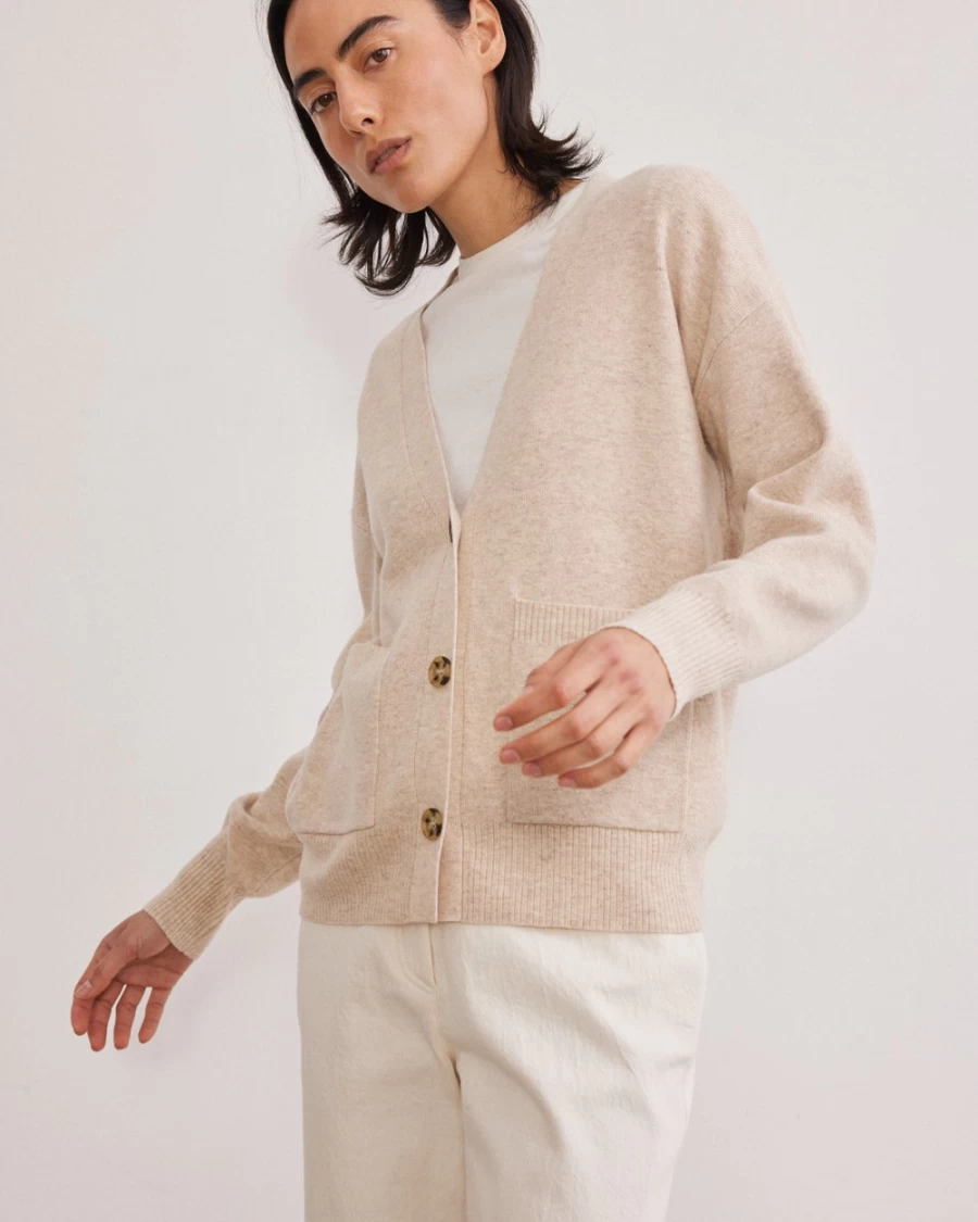Rue Blanche Women's Shirley Cardi V-Neck Knit Sweater in Oatmeal 23A Collection